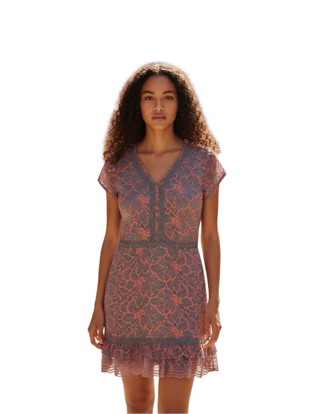 Latin Quarters Lace-Trim Dress in Coral and Gray Size M